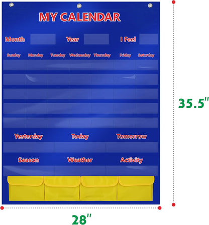 SpriteGru Calendar and Weather Pocket Chart with 148 Cards,(108 Illustrated Activity Cards, 40 Dry Erasable Flash Cards and 3 Hooks 28"x35.5"),Alphabets, Blue