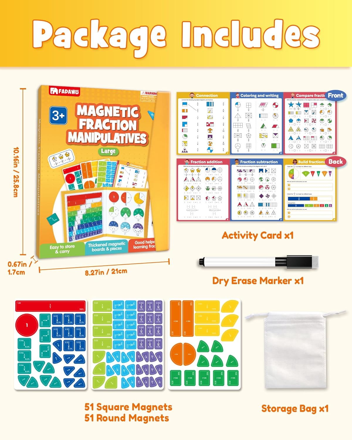 Large Magnetic Fraction Demonstration Book, Magnetic Fraction Educational Puzzle with Tiles & Circles, Montessori Fraction Manipulatives for Elementary School, Maths Learning Toys for Kids