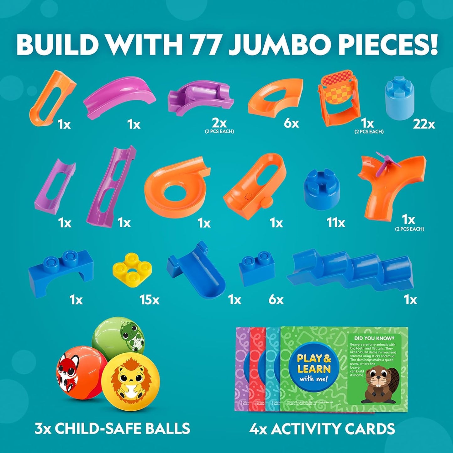 National Geographic Kids Junior Jumbo Marble Run – 35-Piece Ball Drop Toy with Kid-Safe Balls, Buildable Marble Run Maze for Toddlers & Preschoolers Ages 2+