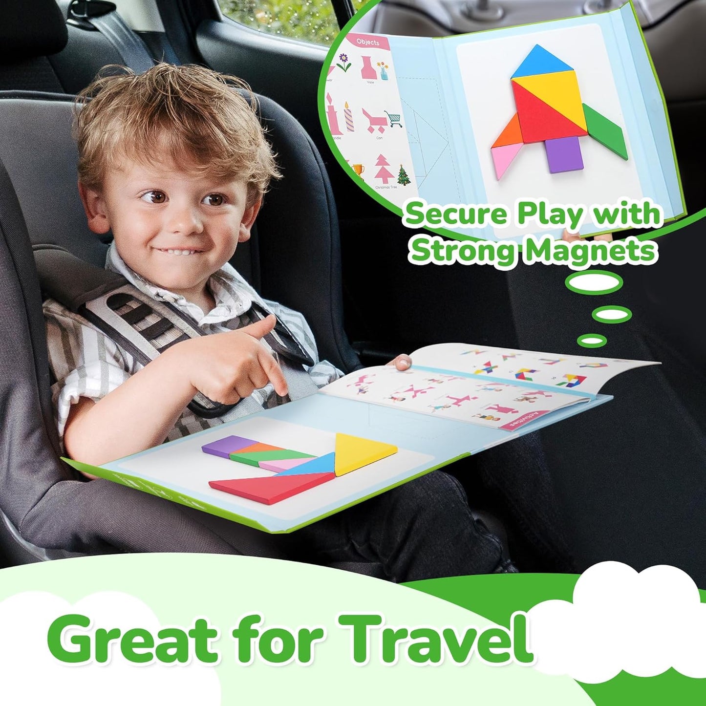 BenBen Travel Tangram Puzzle with 2 Sets Magnetic Wooden Shapes, Extra Large Dual-Sided Magnet Surface, Color Pattern IQ Book，Road Trip Car Plane Game，Educational STEM Travel Toys for Kids Adults