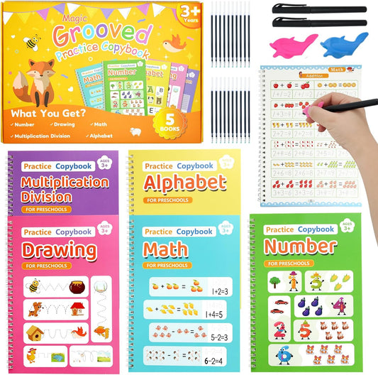 Elover Magic Grooved Writing Practice for Kid-Grooved Handwriting Practice for Kid 5-7 8-10- Magic Copybooks for KidsAges 3-5 Toys for Ages 5-7 Preschool Learning Activities (5 Book)