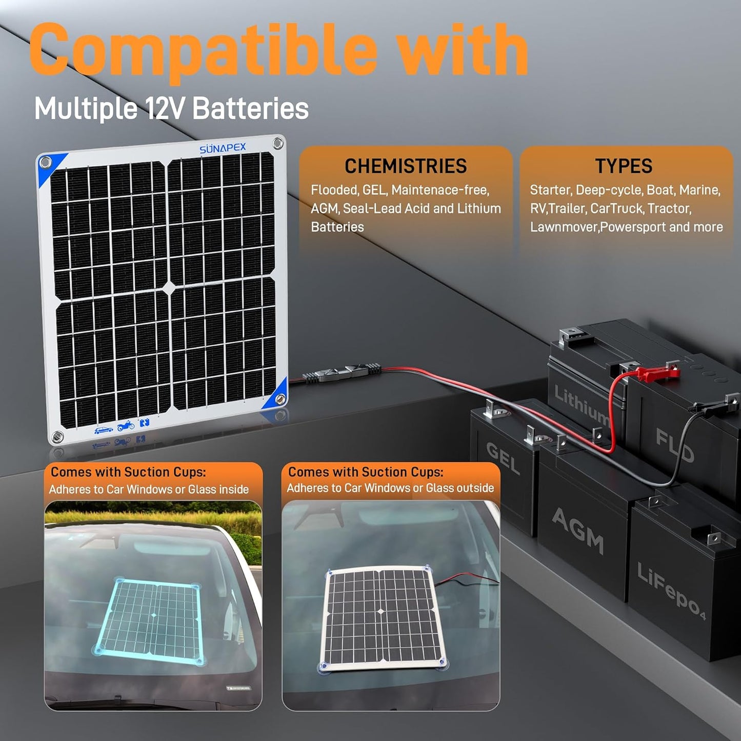 SUNAPEX 12V 10 Watt Solar Trickle Charger Maintainer - Waterproof Solar Powered Battery Charger - Solar Panel Kit Built-in Smart Charge Controller for Car Rv Trailer Truck Boat Automotive Marine
