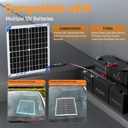 SUNAPEX 12V 10 Watt Solar Trickle Charger Maintainer - Waterproof Solar Powered Battery Charger - Solar Panel Kit Built-in Smart Charge Controller for Car Rv Trailer Truck Boat Automotive Marine