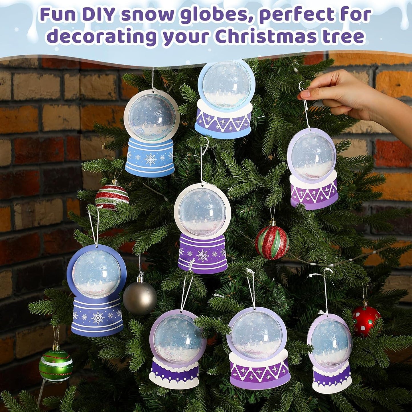 Threehoney 24 Pack Winter DIY Snow Globe Craft Kit for Kids Christmas 3D Shaking Snow Globe Hanging Ornament for Xmas Tree with Glitter Sequins Papers 3D Half Balls and Cards(Blue+Purple)