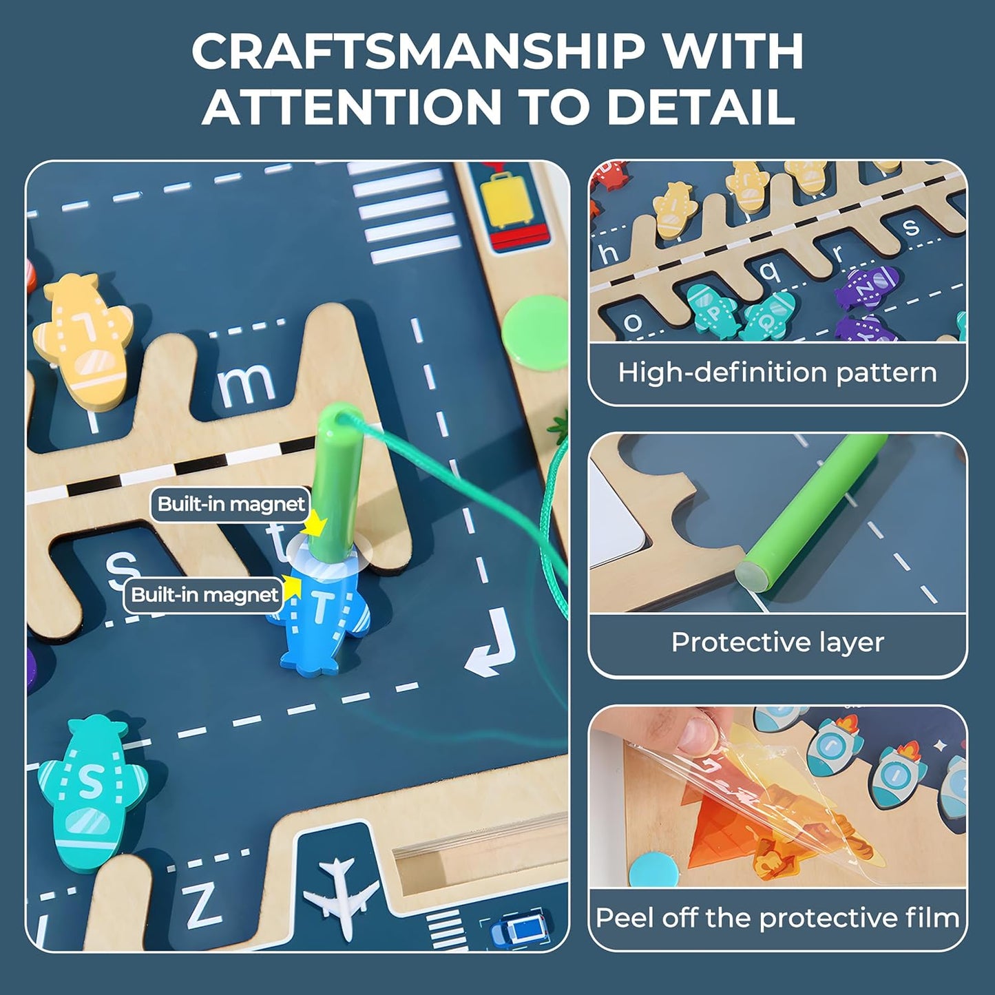 Magnetic Alphabet Maze for Kids Ages 3-5,Wooden Aircraft Montessori Magnet Maze Puzzle Board