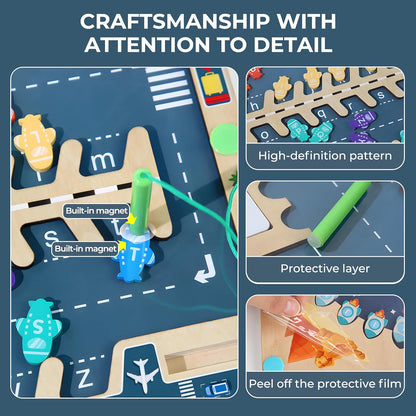 Magnetic Alphabet Maze for Kids Ages 3-5,Wooden Aircraft Montessori Magnet Maze Puzzle Board