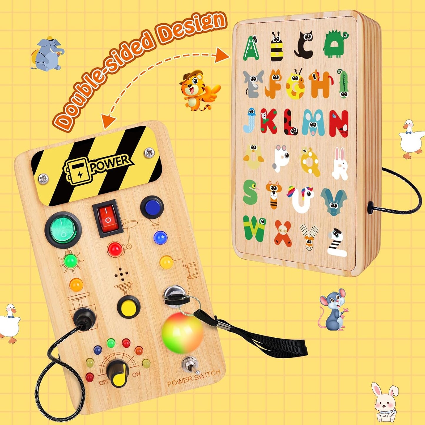 TINTECUSA Busy Board Montessori Toys for Toddler, Wooden Sensory Board Switch Toy with Shape Sorter LED Light Up Toys Educational Plane Travel Activity for Girls & Boys