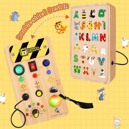 TINTECUSA Busy Board Montessori Toys for Toddler, Wooden Sensory Board Switch Toy with Shape Sorter LED Light Up Toys Educational Plane Travel Activity for Girls & Boys