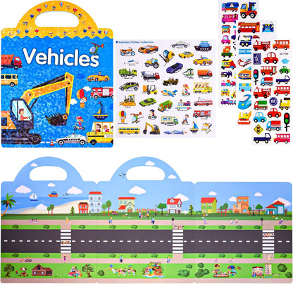 ASTARON Reusable Sticker Book for Toddlers, 88 Pcs Dinosaur Stickers Road Trip Activities Car Airplane Activities Travel Toys for Kids, Kids Quiet Time Activities (2-6 Age)