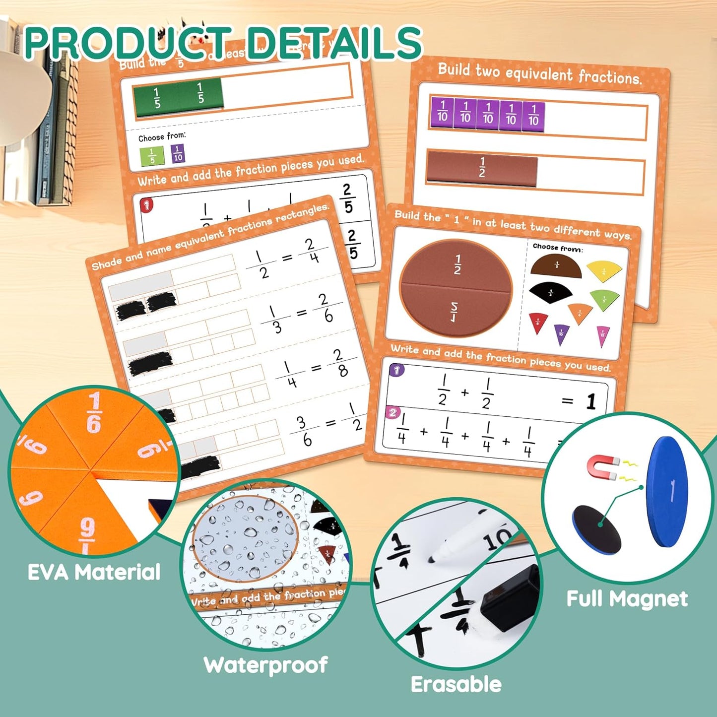 ZKOO Magnetic Fraction Tiles & Fraction Circles Activity Set, Math Manipulatives for Elementary School, Math Learning Magnets Puzzles, School Educational Resources Classroom Educational Kit