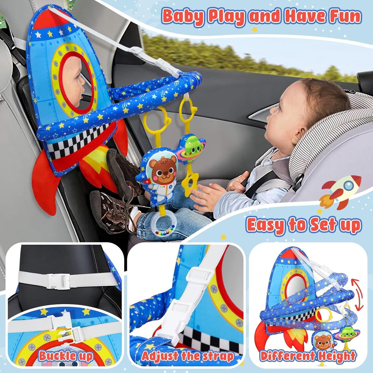 Dr.Rapeti Double-Sided Car Seat Toy, Rear Facing Car Seat Toy, Travel Activity Set, Easier Drive for Newborn, Adjustable Activity Arch with Baby Mirror, Teether, Ring Rattles