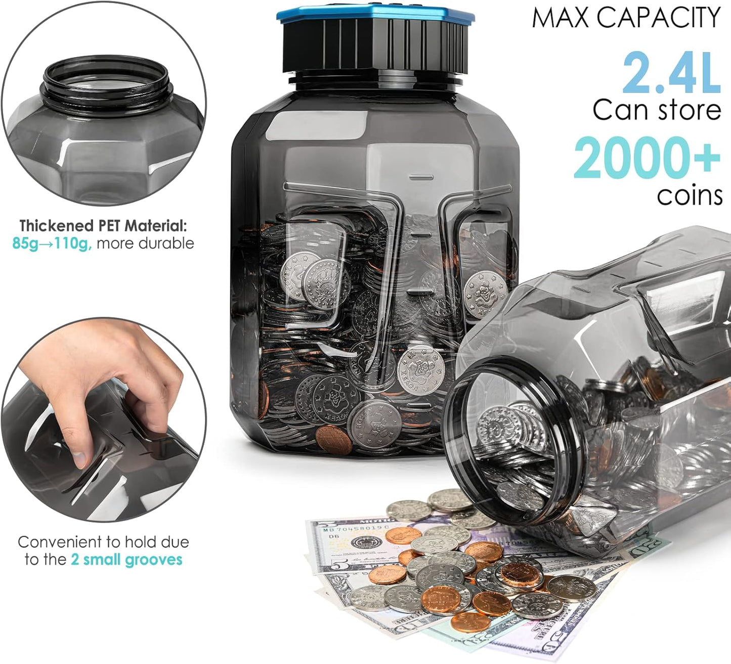 X-Large Piggy Bank for Adults Kids, Vcertcpl Digital Coin Counting Bank with LCD Counter, 2.4L Capacity, Great Coin Counter Bank Money Counting Jar with Total Amount Displayed (Silver, X-Large)