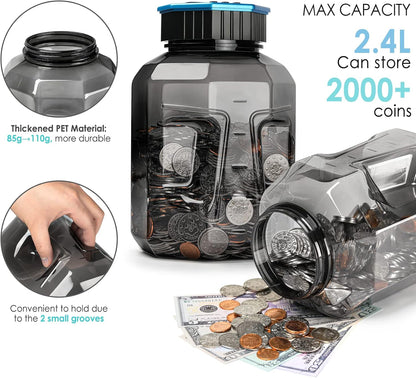 X-Large Piggy Bank for Adults Kids, Vcertcpl Digital Coin Counting Bank with LCD Counter, 2.4L Capacity, Great Coin Counter Bank Money Counting Jar with Total Amount Displayed (Silver, X-Large)