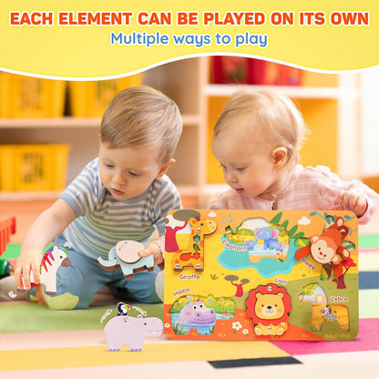 Kalotoys Wooden Montessori Jungle Animal Puzzle for Toddlers 1-3 – Interactive Sensory Toy with Mirror, Zip & Sound – Educational Baby Gift for Fine Motor Skills & Autism Friendly (6 Animals)