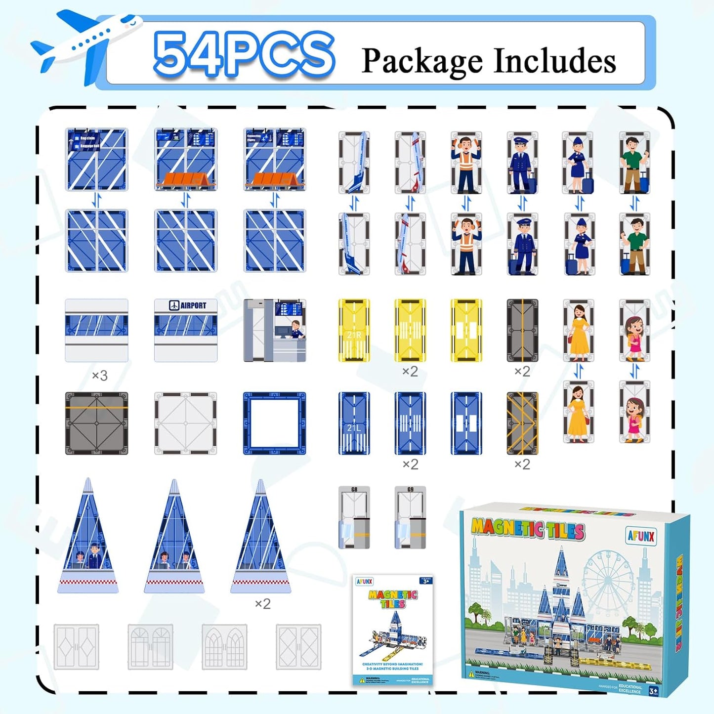 AFUNX Magnetic Tiles, 50PCS Police Station Theme Building Blocks Set, Magnet Building Blocks and STEM Preschool Toys for Toddlers Kids Ages 3-5 5-7 8-10