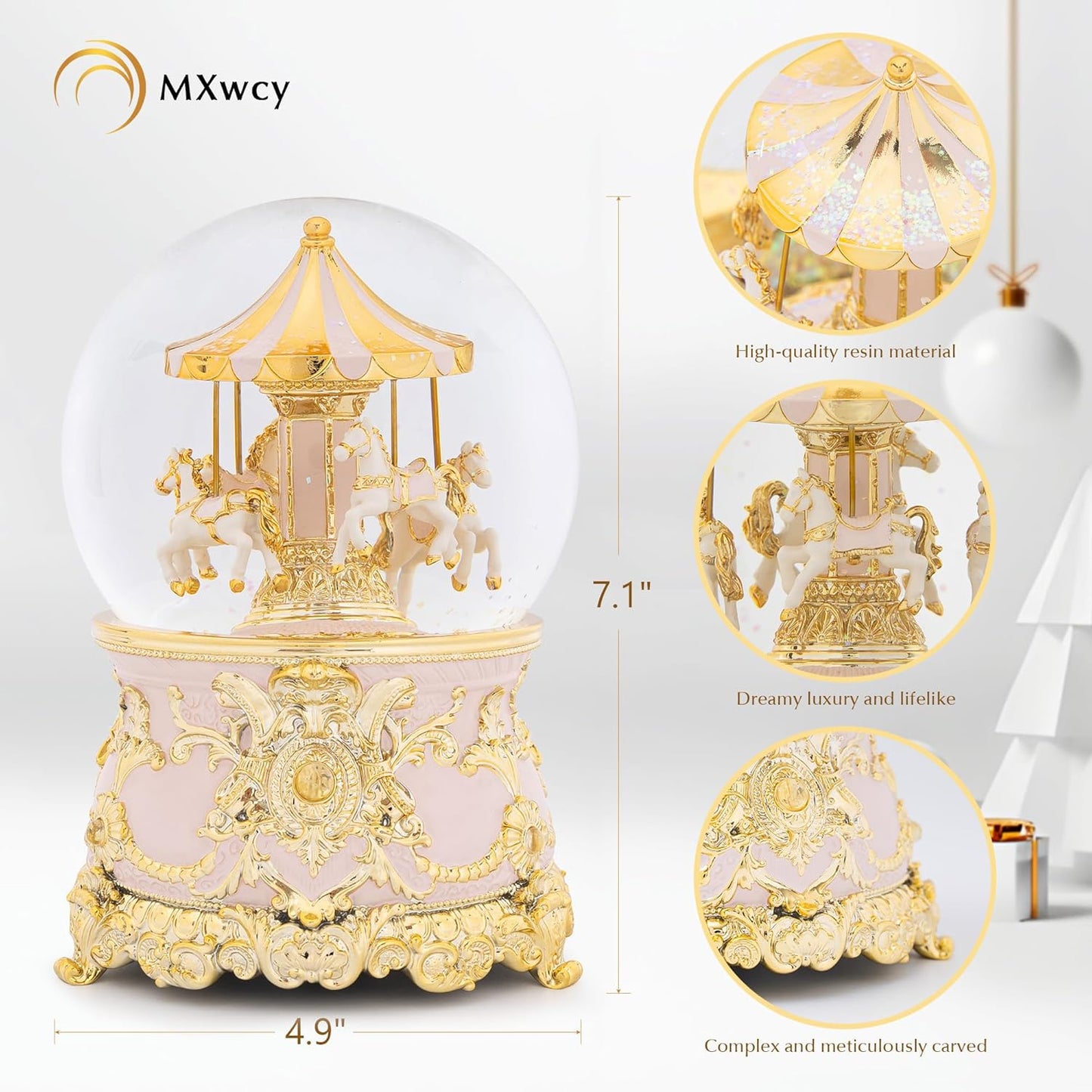 Carousel Music Box Gold & Ivory Christmas Snow Globes, 8.3" Rotate Carousel Snow Globe for Kids & Adults, Classic Wind up Musical Snow Globe Birthday Gifts for Women Girls, Carousel Horse Home Decor