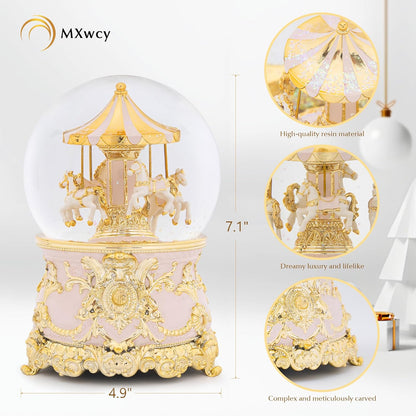 Carousel Music Box Gold & Ivory Christmas Snow Globes, 8.3" Rotate Carousel Snow Globe for Kids & Adults, Classic Wind up Musical Snow Globe Birthday Gifts for Women Girls, Carousel Horse Home Decor