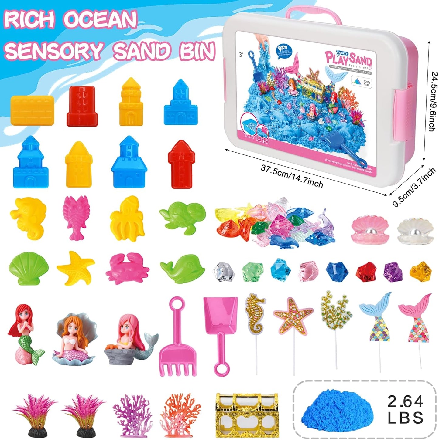 Dinosaur Sensory Bin with Lid, 2.64lbs Magic Sand, Dino Figures, Skeletons & Archaeology Tools, Sensory Sand Kit Dinosaur Toys for Kids 3 4 5 6 7+ Year Old Boy Toddler Birthday Gift Christmas