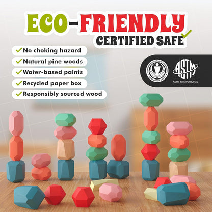 36 Pcs Wooden Stacking Blocks – Montessori Toys for 1 2 3 4 5 6 Year Old Toddlers and Kids, XL Rocks, No Choking Hazard – Sensory STEM Building Stones, for Girls and Boys
