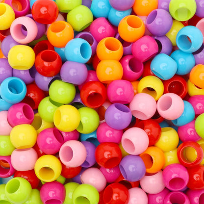 300 Acrylic Large Hole Beads for Crafts and for Hair 10mm x 12mm Acrylic Barrel Beads with 5.7mm Large Hole, Glossy Primary Assortment