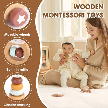 FReniland Wooden Montessori Baby Toys Set, 5-Piece Newborn Gift Set with Koala Rattle, Fox Stacking Rings & Push-Pull Toy for Boys and Girls