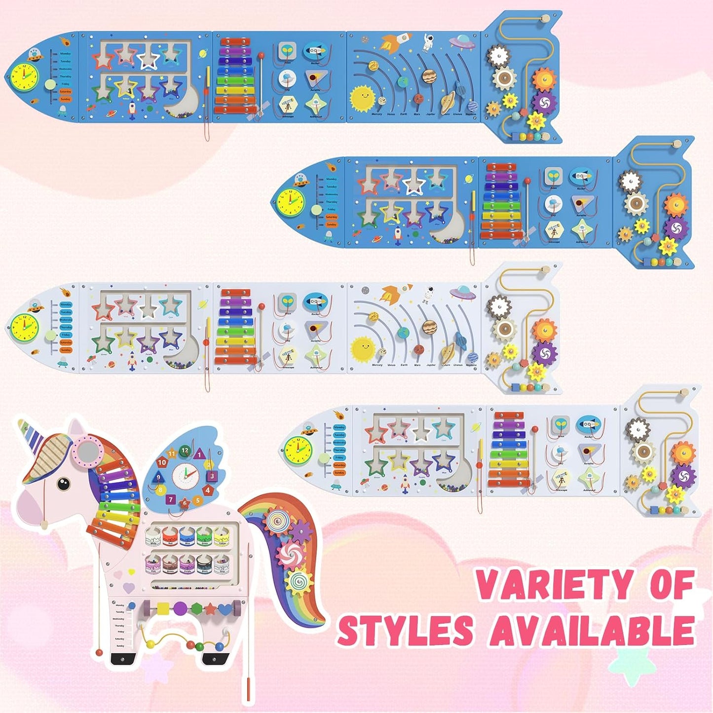 Spacocld Rocket Activity Wall Busy Board Panels - Sensory Wall Panel for Kids, Montessori Toddler Wall Activity Board(5PCS)