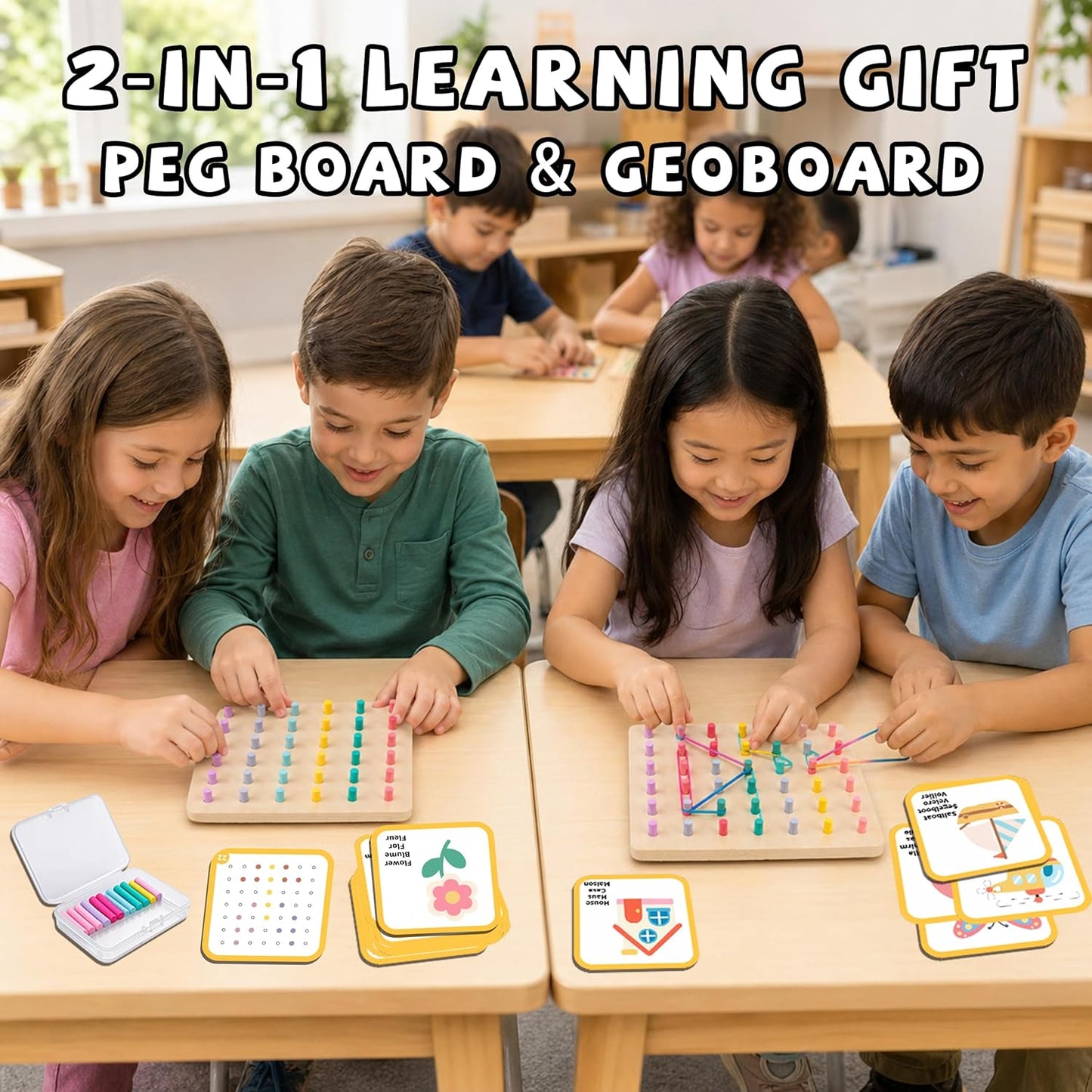 2-in-1 Wooden Peg Board & Geoboard for Kids Ages 5+, Montessori Fine Motor Skills Toy with 49 Wooden Pegs, 60 Activity Cards, Rubber Bands & Storage Box, Shape Building and Pattern Matching Game