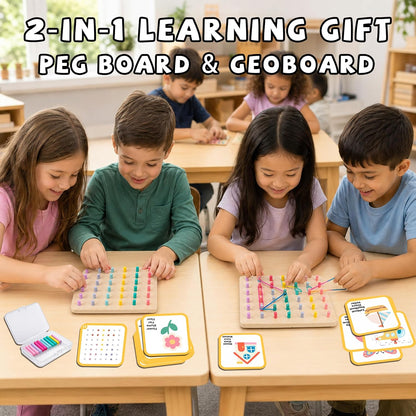 2-in-1 Wooden Peg Board & Geoboard for Kids Ages 5+, Montessori Fine Motor Skills Toy with 49 Wooden Pegs, 60 Activity Cards, Rubber Bands & Storage Box, Shape Building and Pattern Matching Game