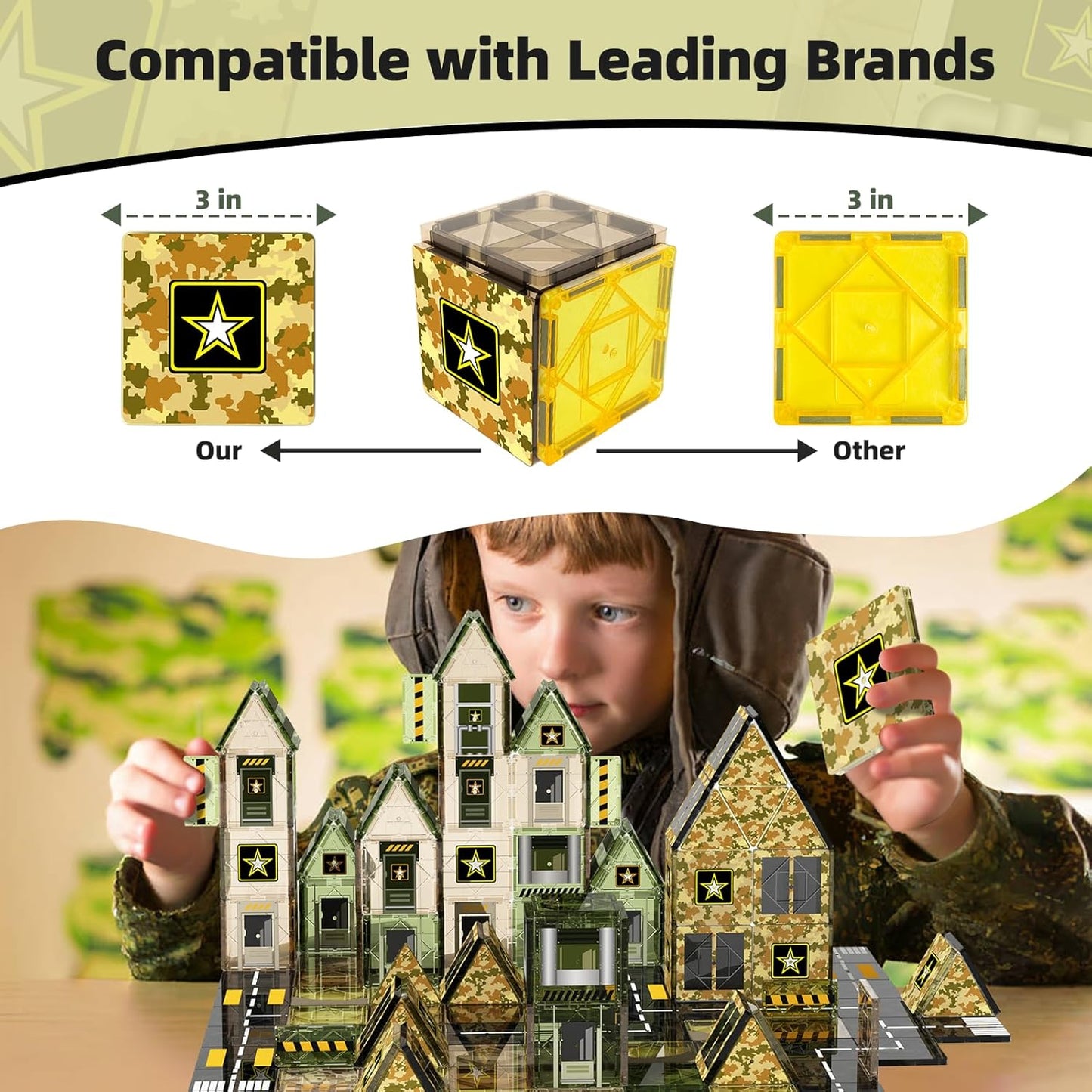 GobiDex 100PCS Army Magnetic Tiles Building Set for Kids, STEM Military Magnetic Building Blocks with 6 Magnetic Army Men, Educational Construction Toys Gift for Boys Girls 3 4 5 6 7 8 9+ Year Old