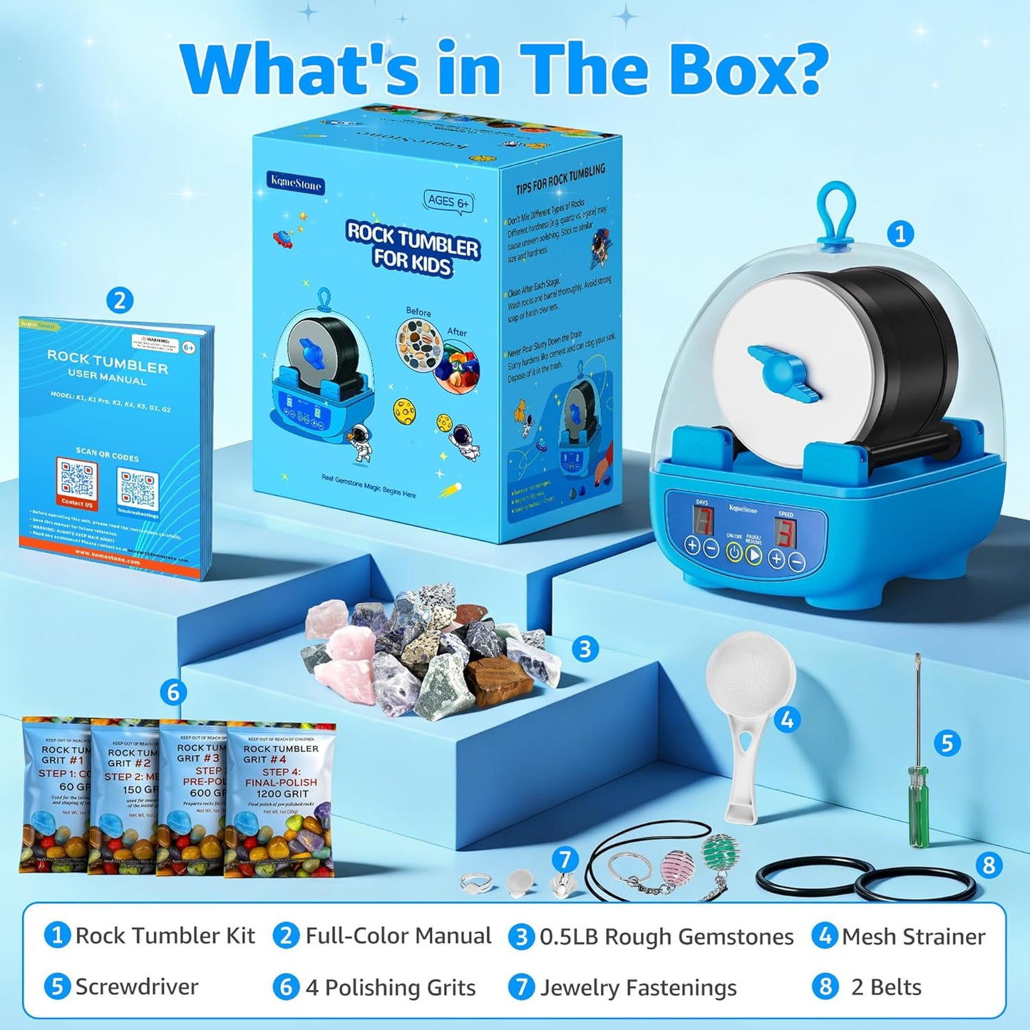 KomeStone K5 Rock Tumbler for Kids & Starters– Dual Noise-Reducing Rock Polisher with Timer, 3 Speeds & Memory Function, Complete Stone Tumbling Kit with Gems & All Accessories – A Fun STEM Gift