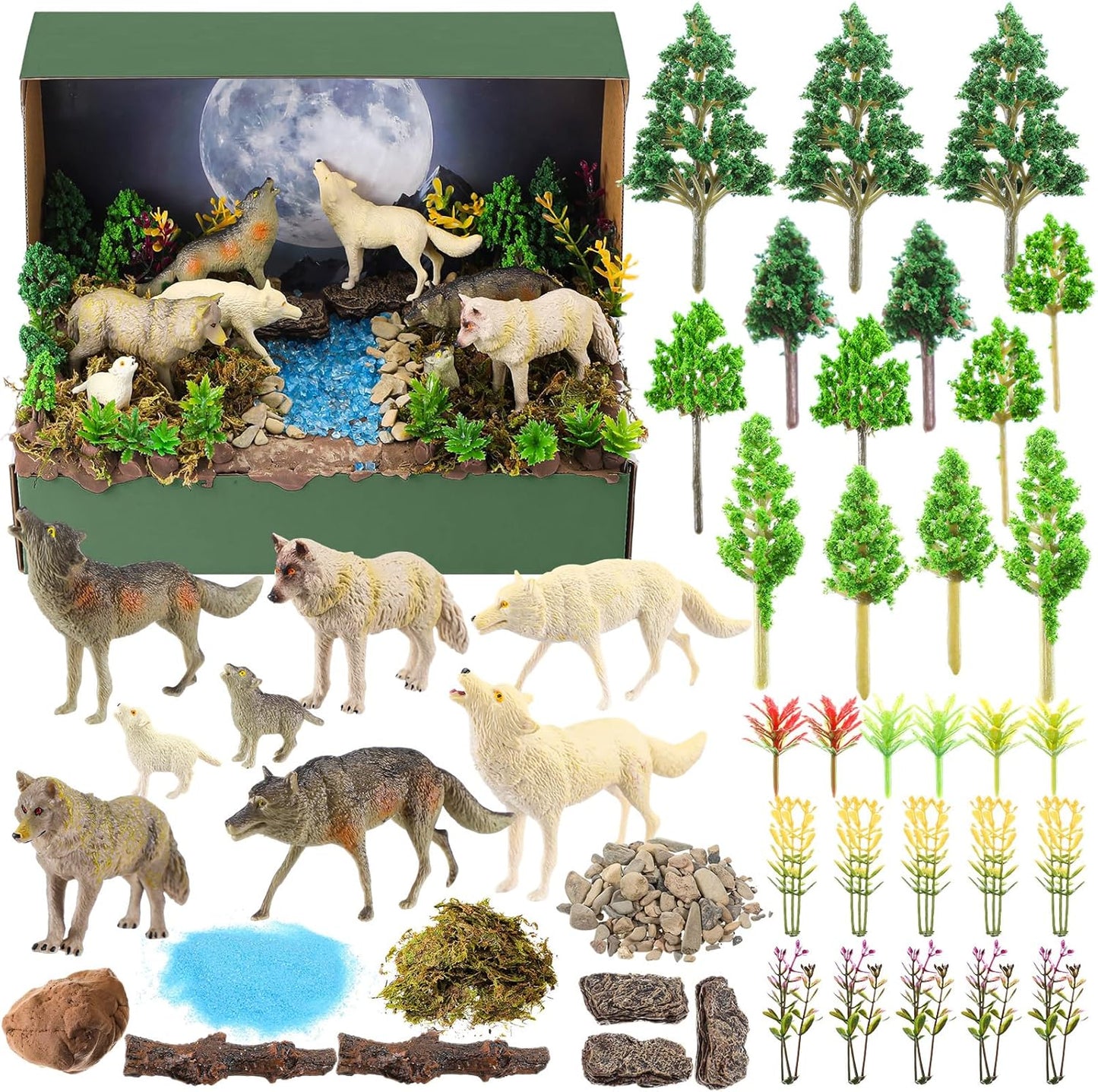 Teyva Daily 48 Pcs Dinosaur Diorama Kit Habitat Project Box Set 3D Dinosaurs Diorama Supplies Include Dinosaurs Model Figures & Eggs Volcano Artificial Trees with Cardboard for DIY Crafts Gifts