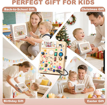 LED Busy Board for Toddlers - Montessori Sensory Toy with 10 Switches & 19 Lights, Wooden Activity Board for Fine Motor Skills, Ideal Educational Birthday Travel Toy Gift for 1 2 3 Year Old Boys Girls