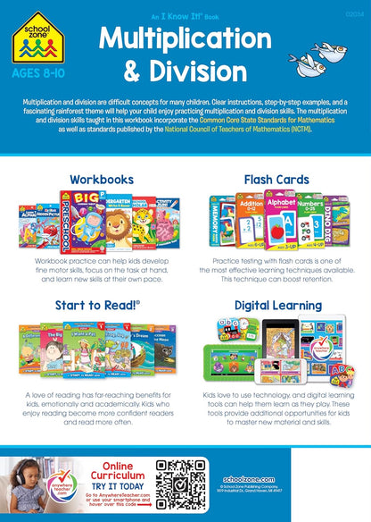School Zone Multiplication & Division Workbook: 32 Pages, 3rd Grade, 4th Grade, Estimation, Word Problems, Ages 8 to 10 (I Know It! Book Series)