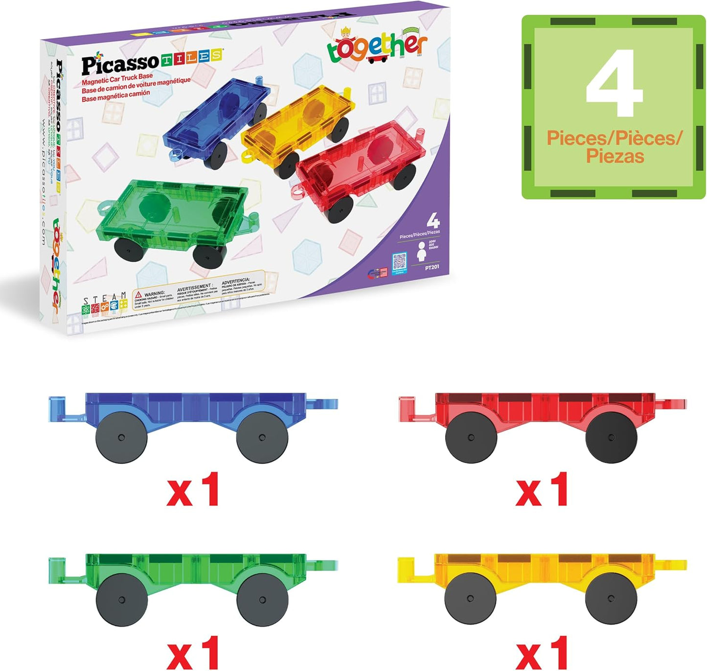 PicassoTiles 2 Piece Car Truck Construction Kit Toy Set Vehicle for Magnetic Blocks Building Tile Sensory Magnet Toys with Re-Enforced Hitch & Long Bed Educational Puzzle Girls Boys Toddlers Ages 3+