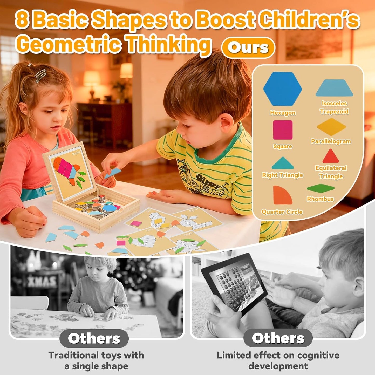 130 Pcs Wooden Magnetic Pattern Blocks Set, Montessori Tangram Puzzle with Pattern Cards & Storage Box, STEM Educational Toy for Toddlers & Kids Ages 4–8, Creative Gift for Boys & Girls