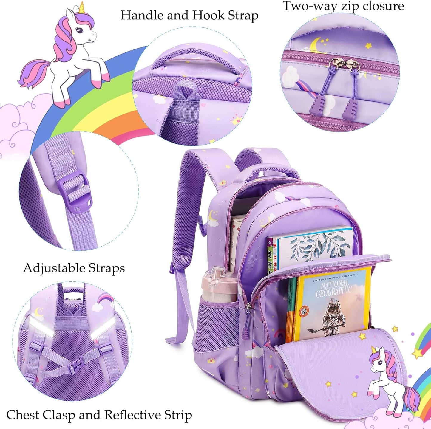 Girls Backpack for Elementary Unicorn Backpack Kids Backpack School Bookbag for Girls 3 in 1 Set Back to School