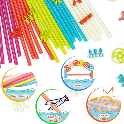 Ggiibro Straw Constructor Toys 600Pcs STEM Building Toy Interlocking Plastic Engineering Thin Tube Blocks Educational Kit for 3 4 5 6 7years Kids Boys and Girls Gift Preschool Toy with Storage Box