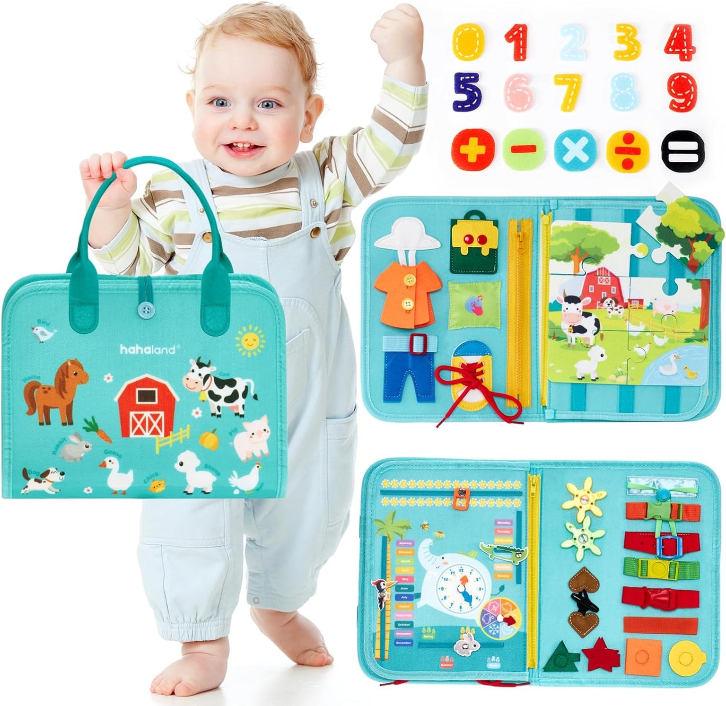 hahaland Busy Board for Toddlers - Montessori Toys Preschool Learning Activities with Life Skills, Alphabet, Number, Shape, Color, Animal, Weather - Toddler Boy Learning Educational Toys, Travel Toys