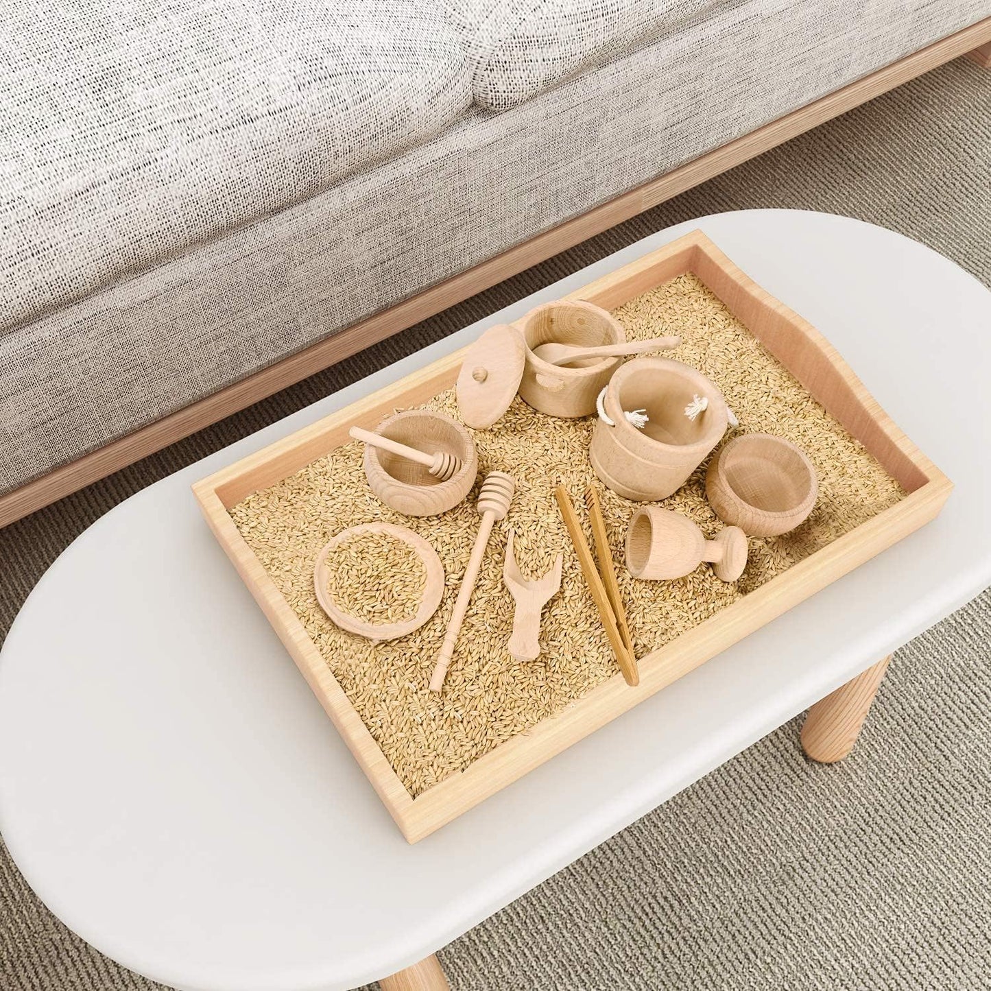 Montessori Sensory Bin Toys for 1 Year Old Toddlers, 11pcs Wooden Waldorf Toys - Wooden Scoops and Tongs for Transfer Work and Fine Motor Skills Development
