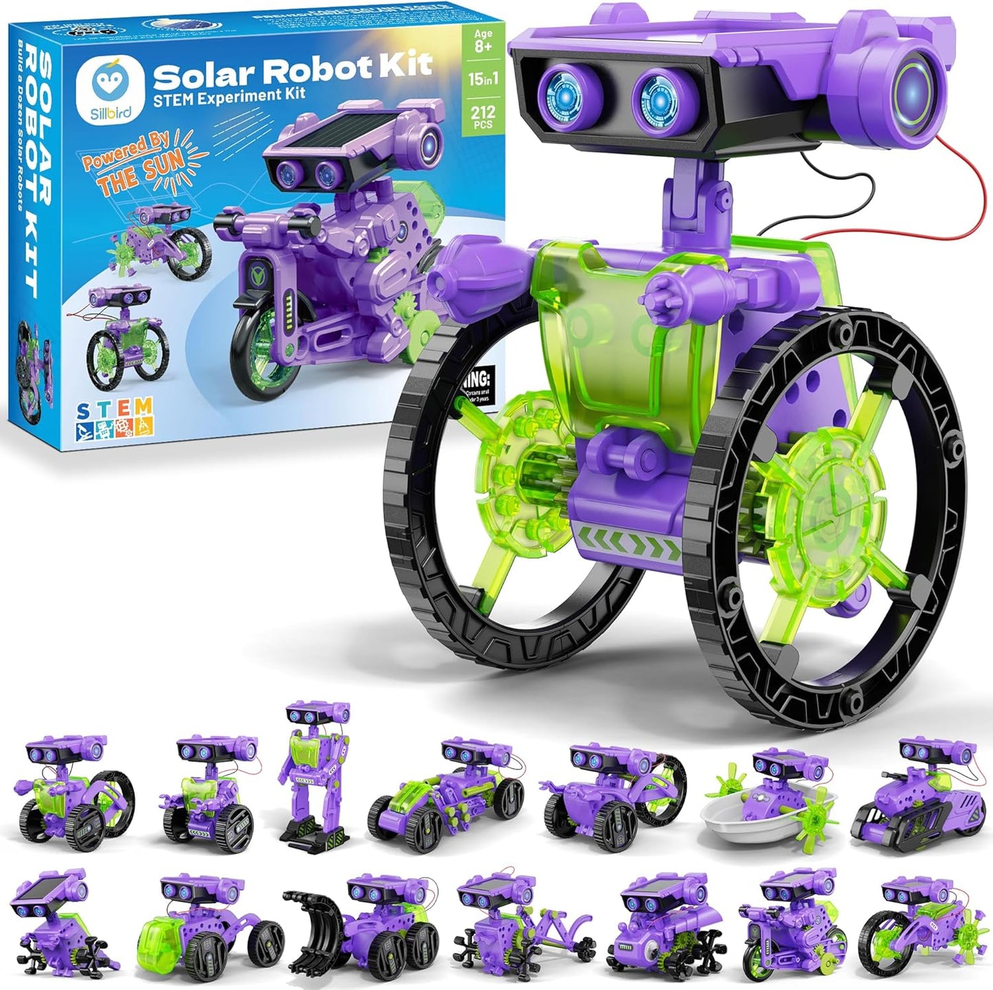 Sillbird Solar Robot Building Kit STEM Gift for Boys Aged 8-13, 15-in-1 DIY Science Educational Robotic Toy for Kids Teens Birthday, Powered by the Sun or Battery with 212 Pieces