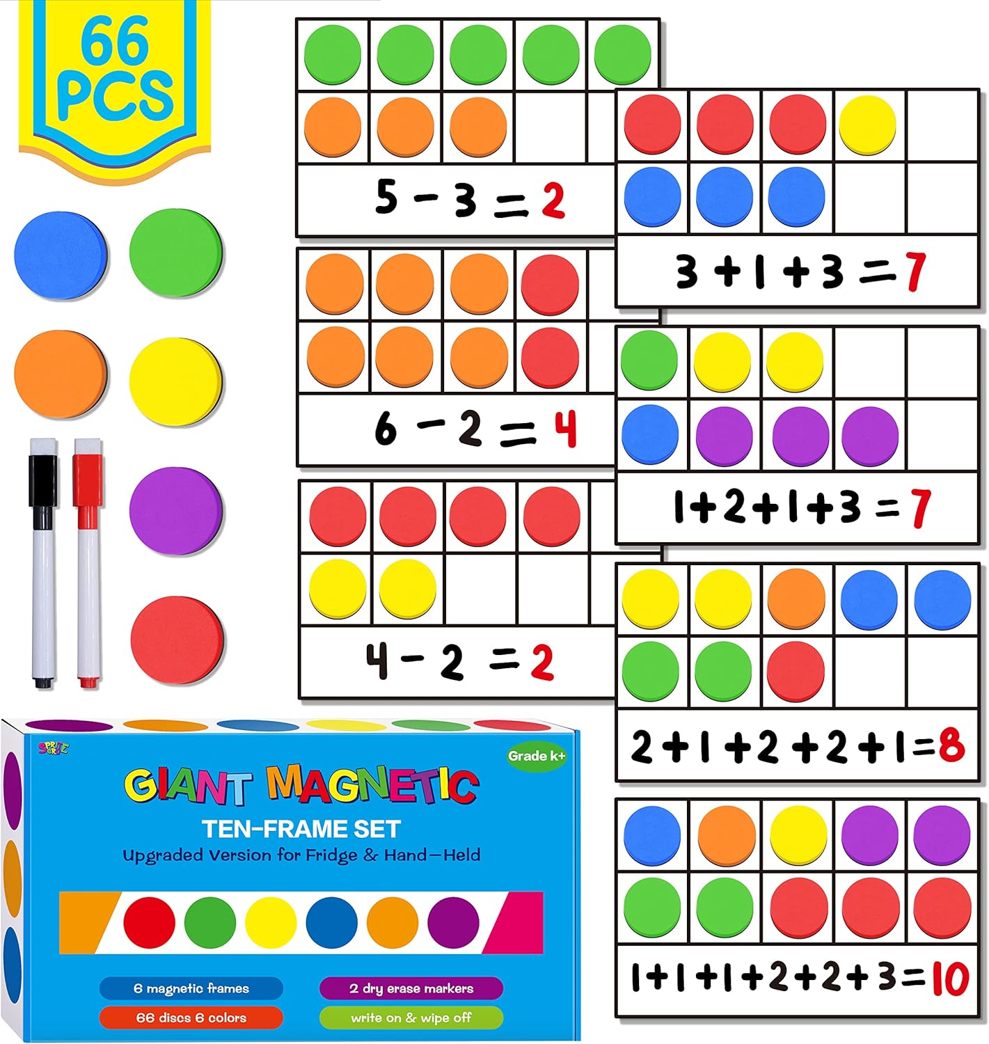 Magnetic Ten-Frame Set, 6 Frames & 66 Colorful Star-Shaped Counters Ten Frame Math Games Manipulative Counting Toys for Kindergarten Preschool, 6 Colors & 2 Markers (Fridge & Hand-held)