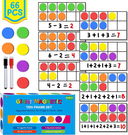 Magnetic Ten-Frame Set, 6 Frames & 66 Colorful Star-Shaped Counters Ten Frame Math Games Manipulative Counting Toys for Kindergarten Preschool, 6 Colors & 2 Markers (Fridge & Hand-held)