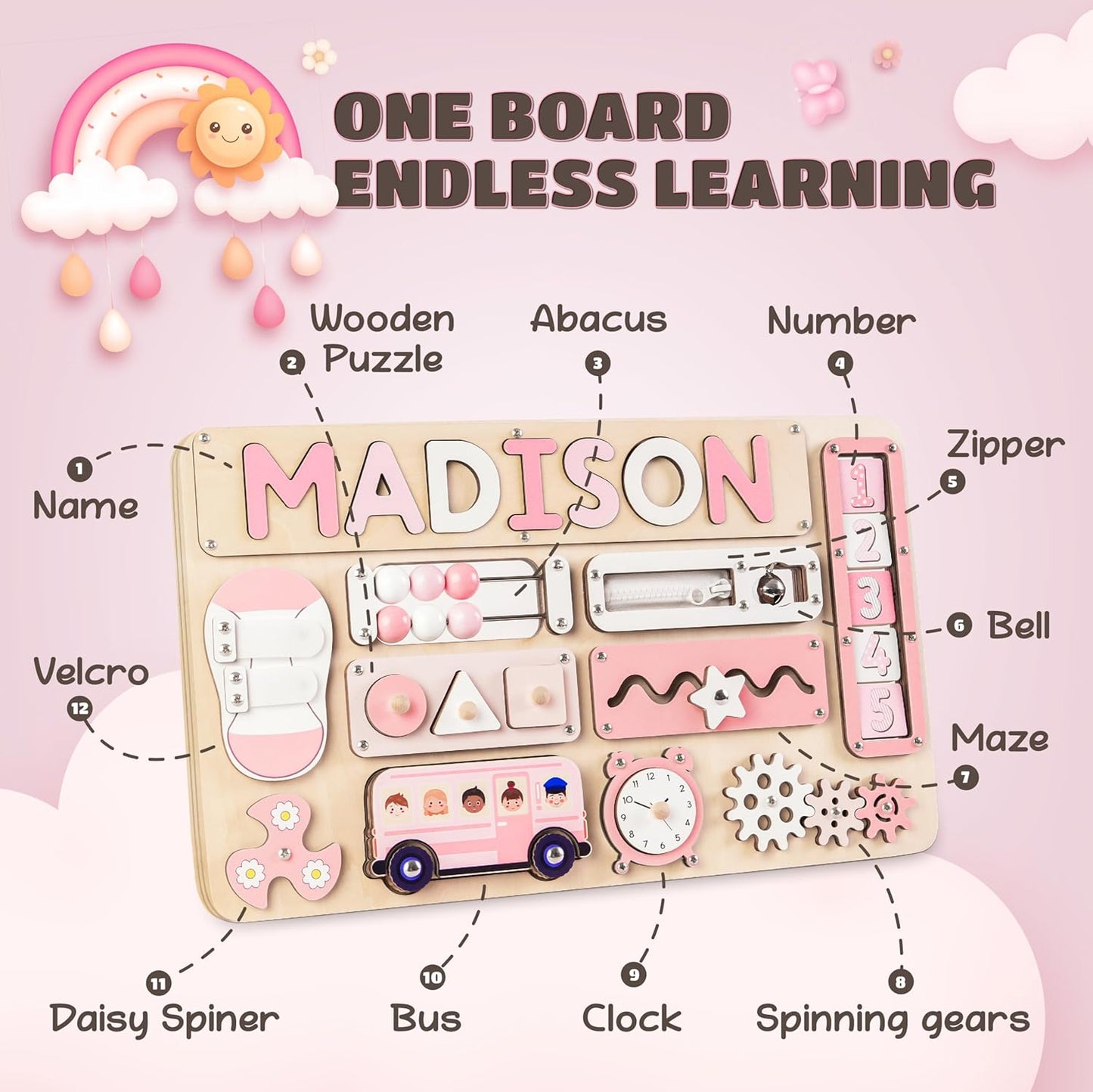 KALOTOYS Large Montessori Busy Board for Baby & Toddlers 1-3 — 17-Inch Wooden Sensory Activity Board — Fine Motor Skills & Early Learning Educational Toy for 1 2 3 Year Old, Travel Friendly & Safe