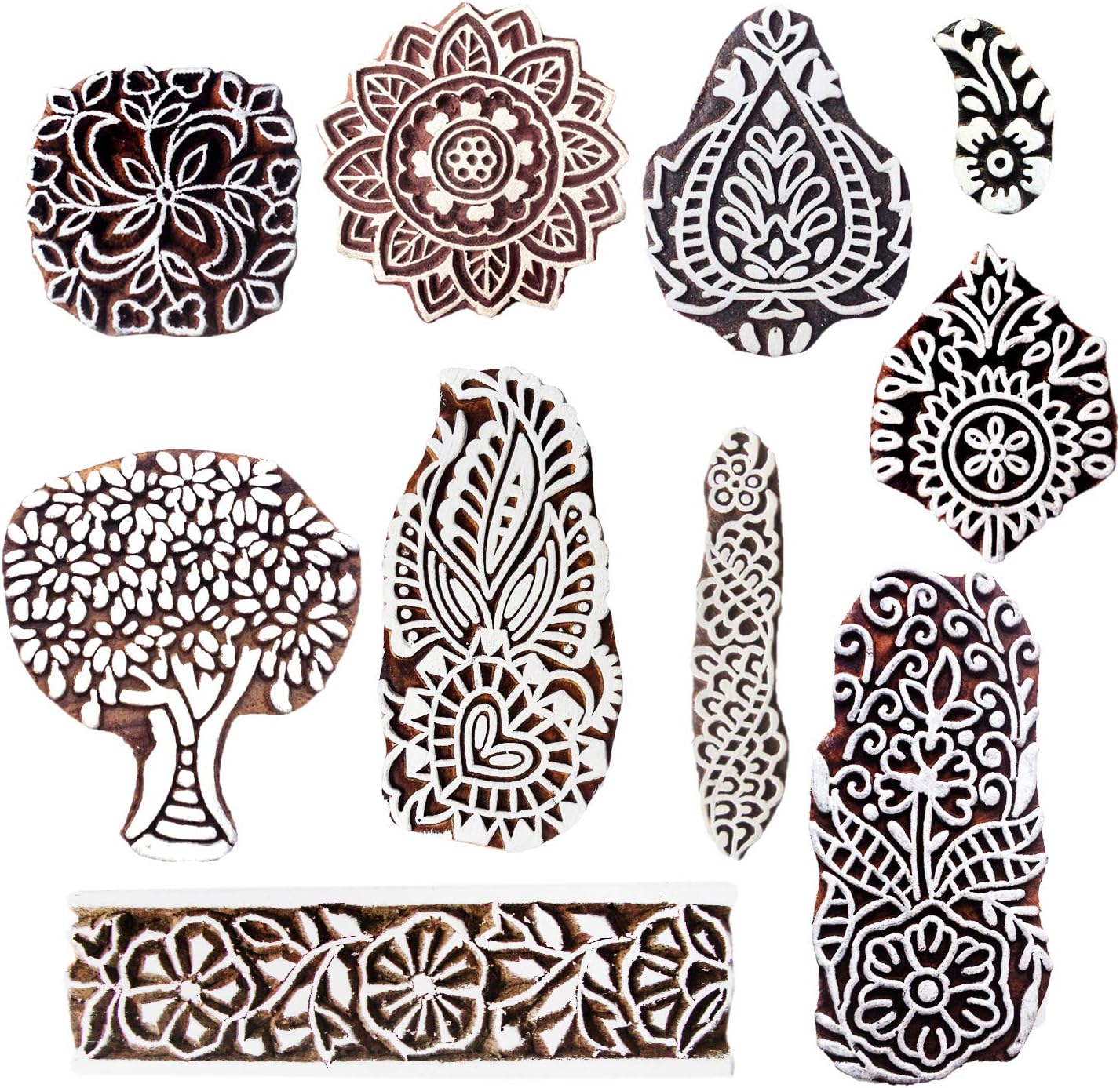 Royal Kraft Wooden Stamps for Block Printing on Saree Border, Textile, Clay, Pottery, Tattoo (Set of 10) MXtag0006