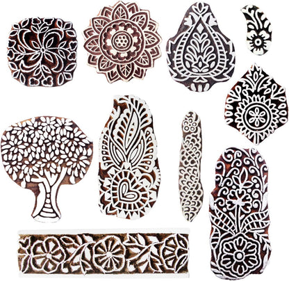 Royal Kraft Wooden Stamps for Block Printing on Saree Border, Textile, Clay, Pottery, Tattoo (Set of 10) MXtag0006