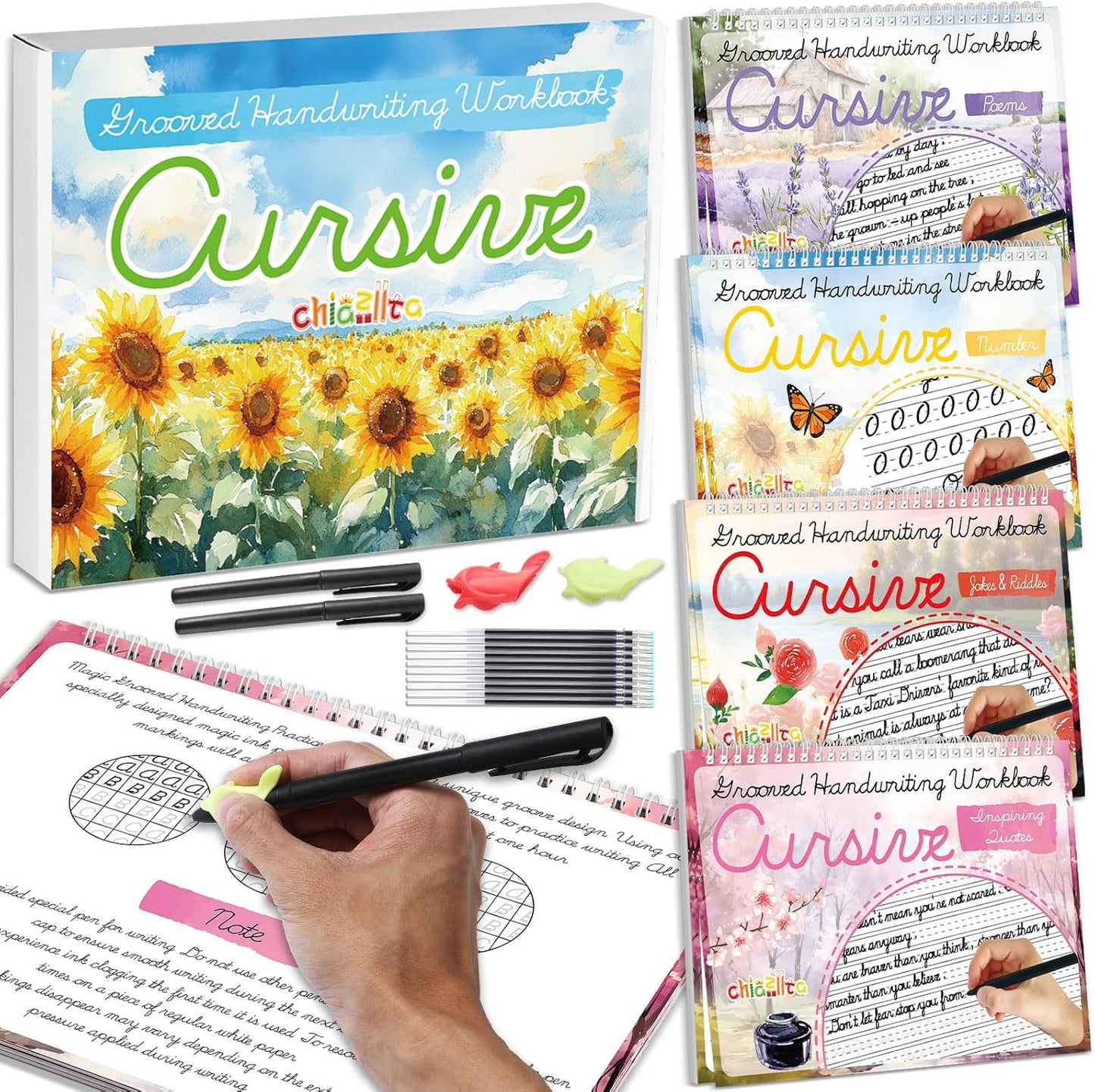 chiazllta 4 Pack Grooved Cursive Handwriting Practice Kit with Disappearing Ink Pens Magic Reusable Grooved Cursive Writing Workbooks Copybook for Beginners Kids (Words&Sentence&Reading&Letters)