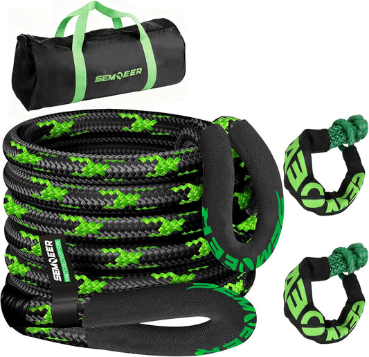 Kinetic Recovery Rope, 1" x 30ft 48500LBS, Kinetic Rope Recovery Kit with 2 Soft Shackles, Heavy Duty Offroad Snatch Strap, 35% High Elasticity Tow Ropes for Trucks SUV UTV, Black & Green Mixed