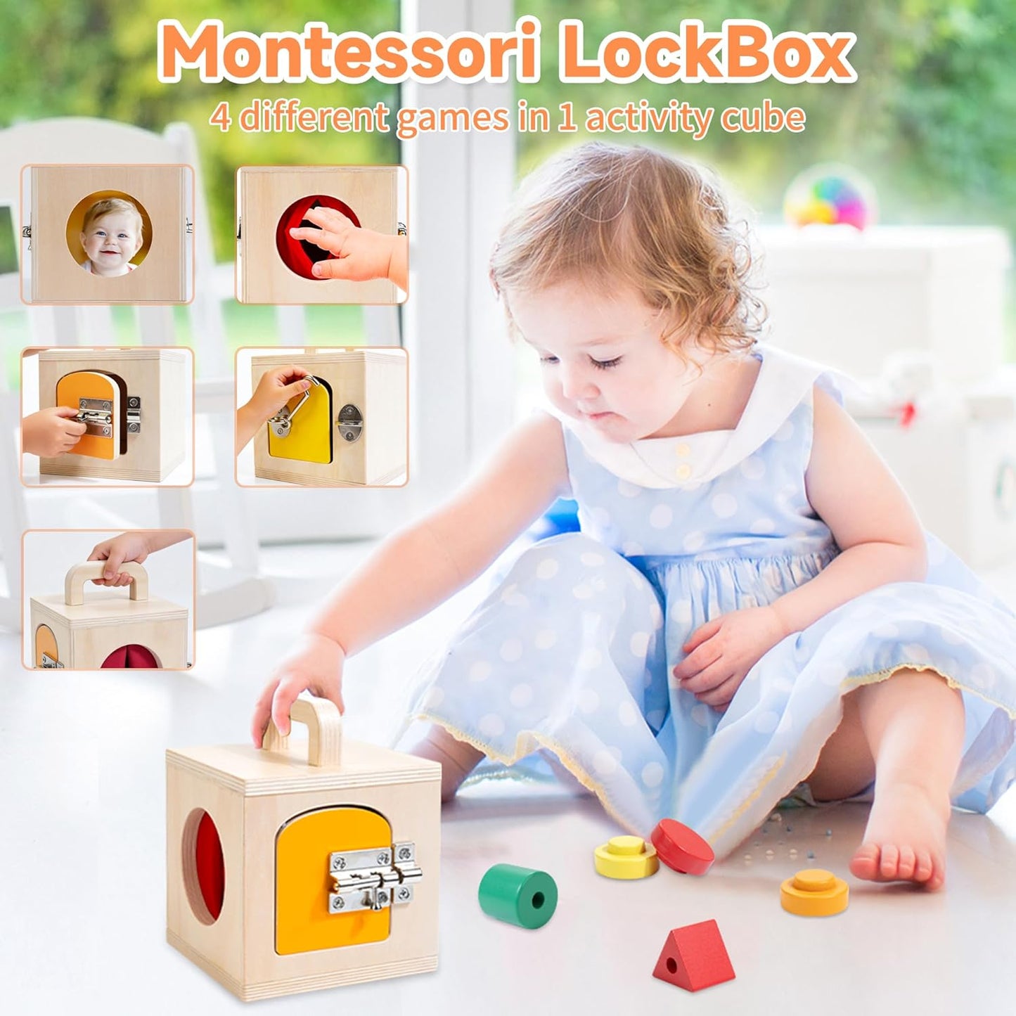 WOODMAM Montessori Toys for Babies 7-12 Months, 9 in 1 Educational Wooden Toys Set, Includes Object Permanent Box, Stacking Cups, Mirror Puzzle, Ring Stacker and More