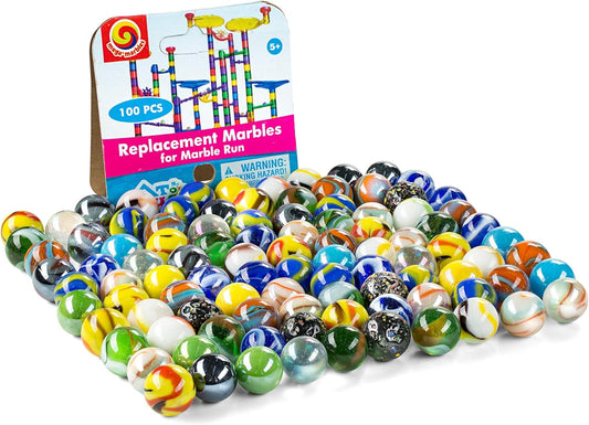 Replacement Marbles for Marble Run - Set of 100 - Assorted Colors - Size 9/16 Inch (14mm) - 100% Glass