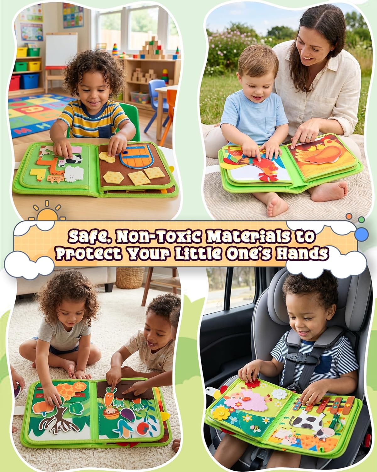 Montessori Busy Book for Toddlers, 8-Page Sensory Activity Book for Fine Motor Skills & Basic Dress Learning, Portable Travel Toy for Preschool Kids, Birthday Gift for Boys and Girls (Blue)